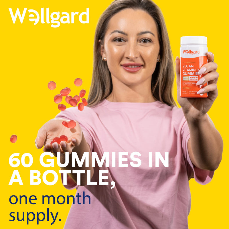 High Strength Vitamin D3 Gummies 3000 IU by Wellgard - 60 Vegan Vitamin D Gummies Adults, Chewable Vitamin D, Mixed Berry Flavour Adult - BeesActive Australia