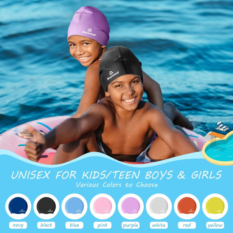2 Pack Kids Extra Large Swim Cap for Long Thick Hair, Waterproof Silicone Swimming Cap for Toddler Child Youth Girls Boys, Durable Swim Hats Bathing Caps for Braids, Dreadlocks, Extensions, Afros Black+Purple - BeesActive Australia