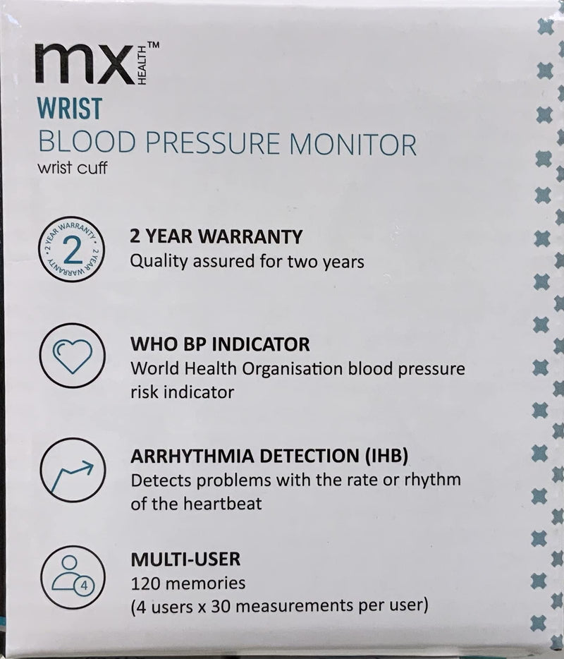 MX Health Fully Automatic Wrist Blood Pressure Monitor - 14-19cm Wrist Cuff - 120 Memories - Arrhythmia Detection (IHB) - BeesActive Australia