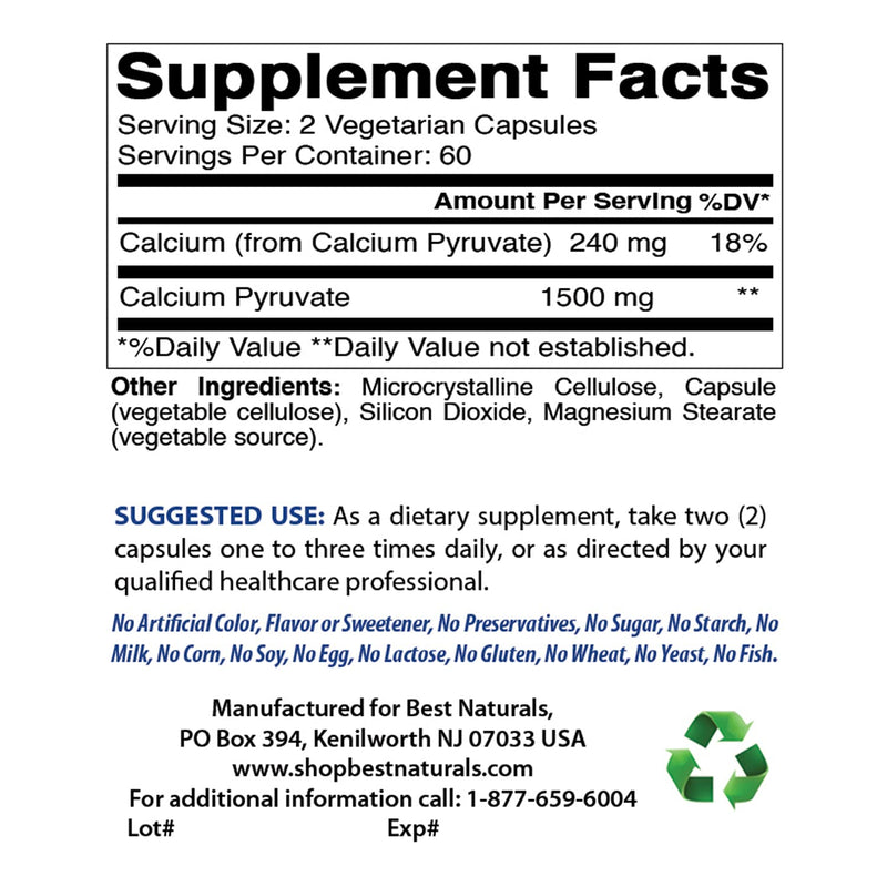 Best Naturals Calcium Pyruvate Fat-Burning Formula for Thighs, 750 mg 120 Capsules - Calcium pyruvate for Weight Loss - BeesActive Australia