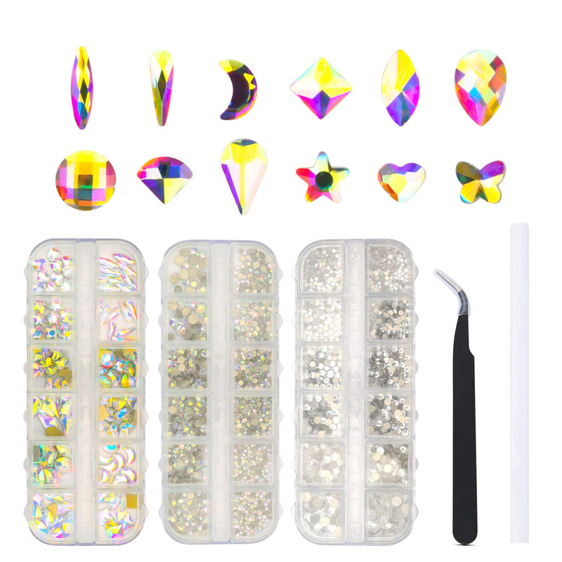 3 Boxes Glass Crystal AB Rhinestones for Nail Art Craft, 120 Shaped AB Crystal+1440 AB+1440 White Nail Art Rhinestones All Gold Bottom Nail Gems, Nail Diamond for Nail Art Supplies Nails Kit - BeesActive Australia