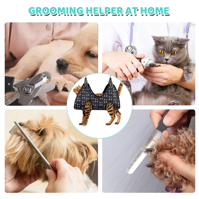 Pet Grooming Hammock Harness with Nail Clippers/Trimmer, Nail File, Comb, Cute Printed Breathable Cats & Dogs Hammock Sling for Grooming (XS, Black) - BeesActive Australia