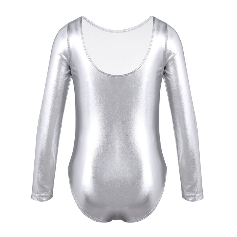[AUSTRALIA] - TiaoBug Gymnastics Leotards Little Girls Shiny Metallic One-Piece Long Sleeve Tank Bodysuit Athletic Dance Outfit Clothes Silver 7 / 8 