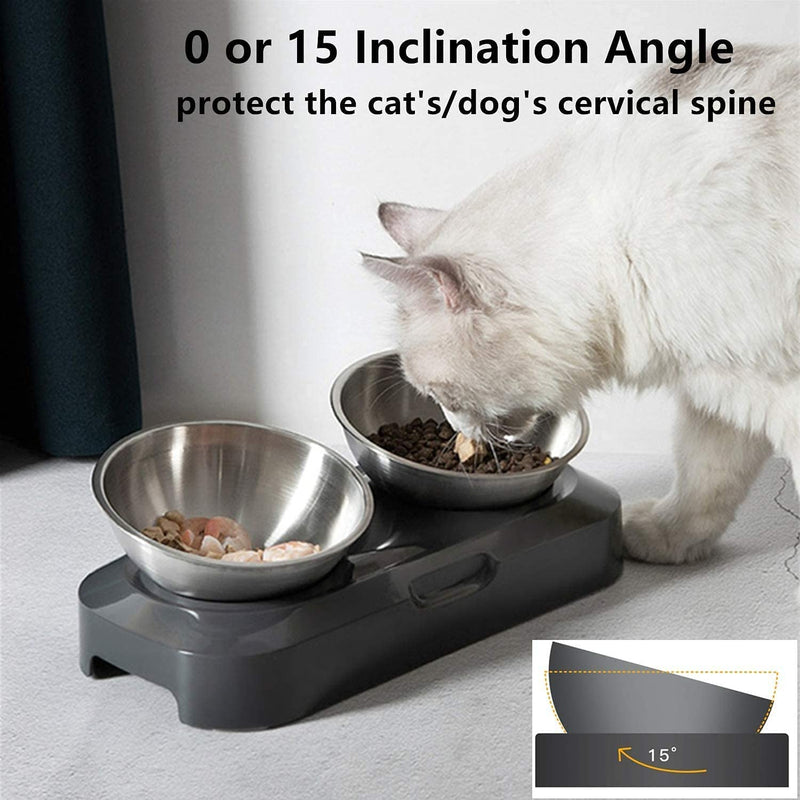 PewinGo Cat Bowl with Stainless Steel, Non-Slip Silicone Mat Cat Feeder with 0 &15° Tilting Neck Protective Bowl for Pets, Cats and Puppies Food and Water Feeding Double Bowl - BeesActive Australia