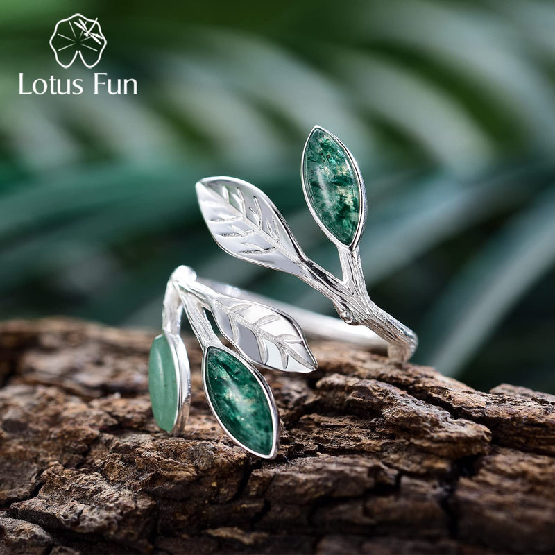 Lotus Fun 925 Sterling Silver Marquise Shape Jade Aventurine Open Leaf Rings Olive Leaf Rings Handmade Jewelry Unique Gifts for Women Mother Mom Wife Girls - BeesActive Australia