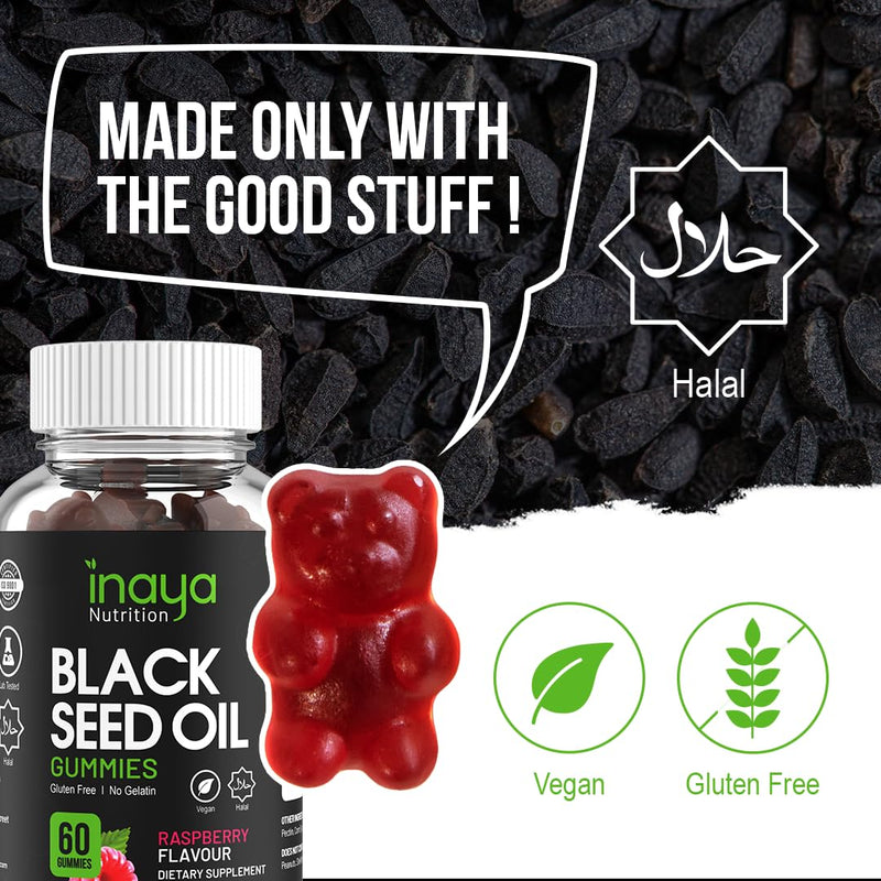 Inaya Nutrition Black Seed Oil Gummies | Natural Raspberry Flavour | Vegan | Contains 2% Thymoquinone from Nigella Sativa Seeds | 60 Gummies | Supports Immune System, Weight Loss, Joints, Hair & Skin - BeesActive Australia