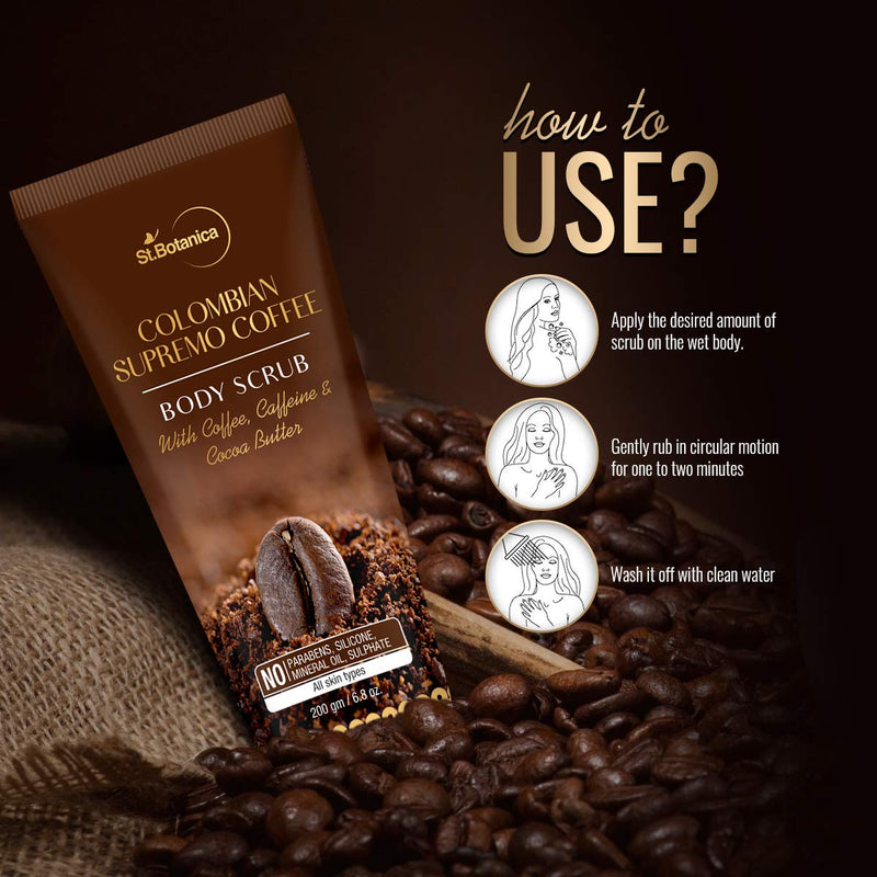 StBotanica Colombian Supremo Coffee Body Scrub 200g | With Coffee, Caffeine And Cocoa Butter |No SLS, Paraben - BeesActive Australia