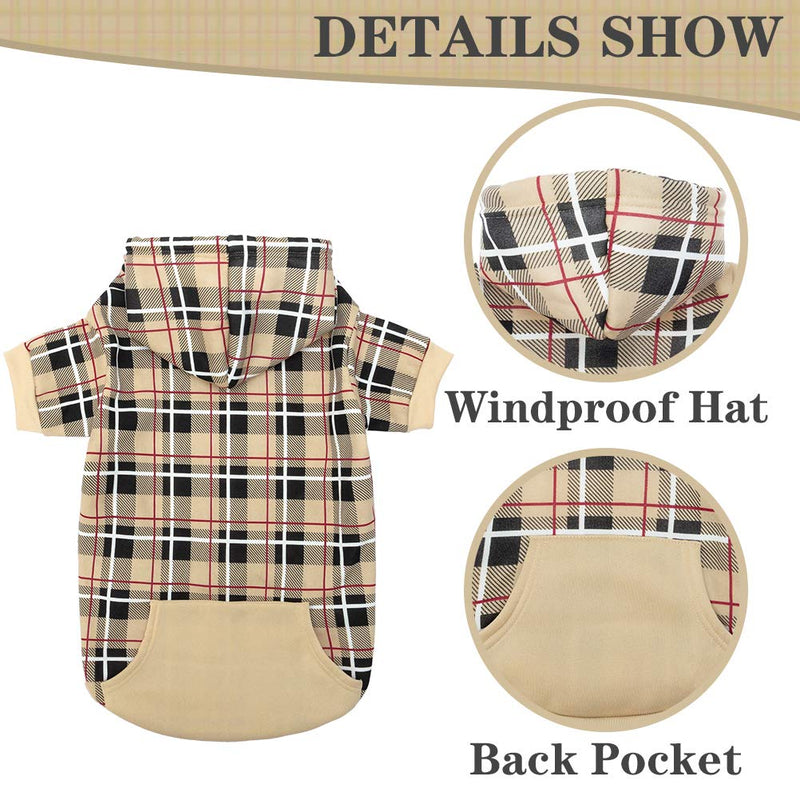EXPAWLORER Plaid Dog Hoodie - British Style Soft and Warm Dog Sweater with Leash Hole, Hooded Cold Weather Clothes, Dog Sweatshirt, Outfits, Winter Coat for Small Medium Large Dogs Beige - BeesActive Australia