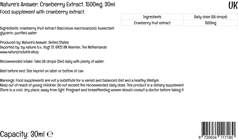 Nature's Answer, Liquid Cranberry Extract, Alcohol Free, Vegan Drops, 30ml, Lab-Tested, Gluten Free, Soy Free, Vegetarian, Non-GMO - BeesActive Australia