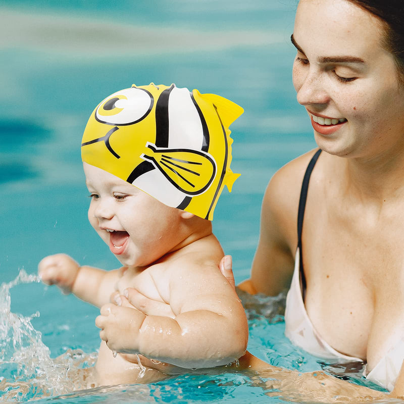 2Packs Kids Cartoon Fish Swim Caps Children Elastic Swimming Hats Silicone Swimming Caps for Girls and Boys Waterproof Stretchy Swim Bathing Caps Keep Hair Clean Dry (1*Blue and 1*Yellow ) - BeesActive Australia