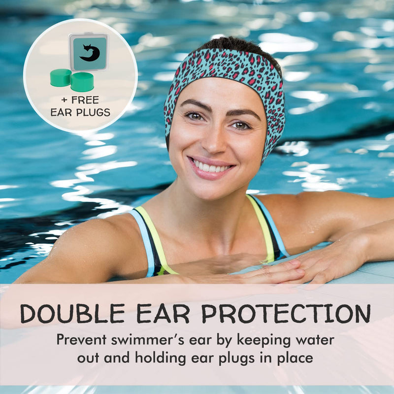 Swimming Headband with Earplugs for Adults by Will & Fox | Helps Prevent Swimmers Ear | Non-Slip Grip | Adjustable Ear Band | Fits Kids 10+ to Adults CHEETAH - BeesActive Australia
