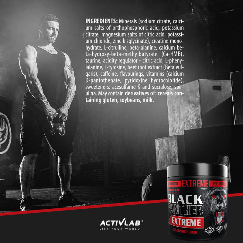 Activlab Black Panther Extreme 300g, Pre Workout Powder Energy, Physical Performance with Citrulline, Creatine, Beta Alanine, Caffeine, VIT B, HMB, 300g, 15 Servings (Black Currant) - BeesActive Australia