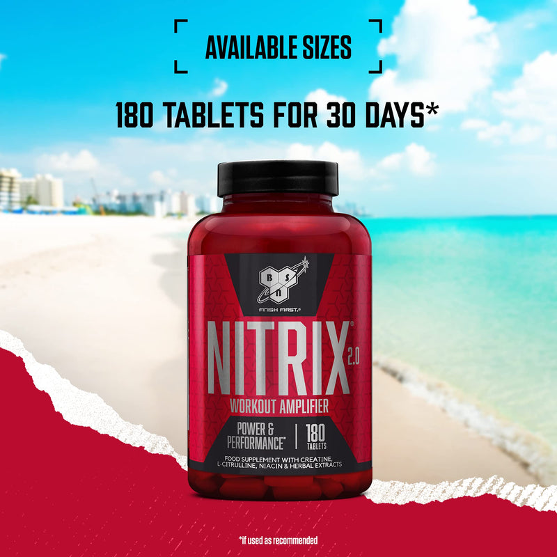 BSN Nitrix 2.0 supplement, concentrated nitric oxide precursor formula Tablets with Creatine, L-Citrulline, Niacin and Herbal Extracts, Power & Performance, Unflavoured, 180 capsules, 60 Servings - BeesActive Australia