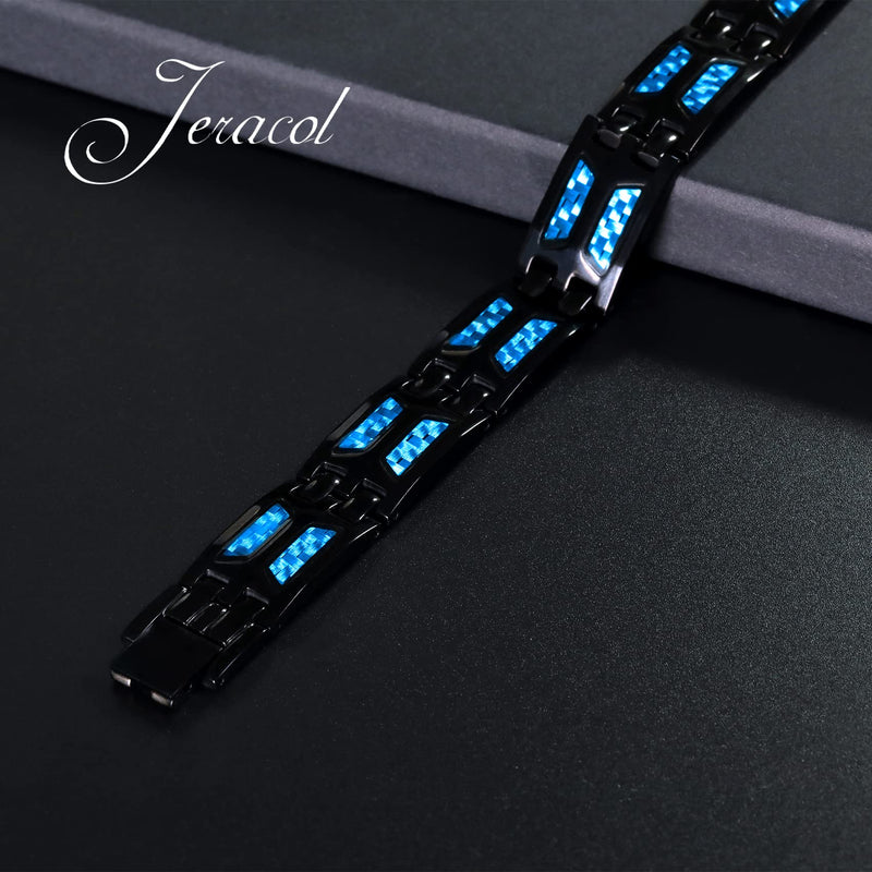 Jeracol Blue Carbon Fiber Titanium Steel Magnetic Bracelet for Men, 4 Element Double Row Strong Magnets,Size Adjustable Brazaletes Wristband with Removal Tool&Gift Box,Gift for Boyfriend Father's Day - BeesActive Australia