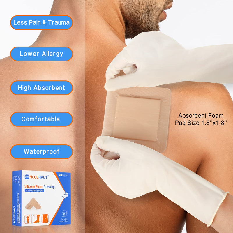 Silicone Adhesive Foam Dressing with Gentle Border 3''x3'', Bed Sore Pressure Ulcer Leg Ulcer Silicone Wound Bandage, High Absorbency Waterproof, 10 Pack by NeueHaut - BeesActive Australia
