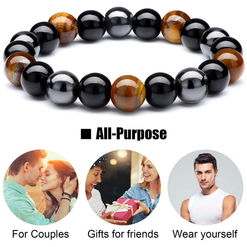 Hicarer 4 Pieces Triple Protection Bracelet Tiger Eye Beads Bracelet Lava Stone Essential Oil Diffuser Bracelets Stress Relief and Anxiety Bracelet, Healing Crystal Yoga Bracelet for Men Women Adjustable - BeesActive Australia