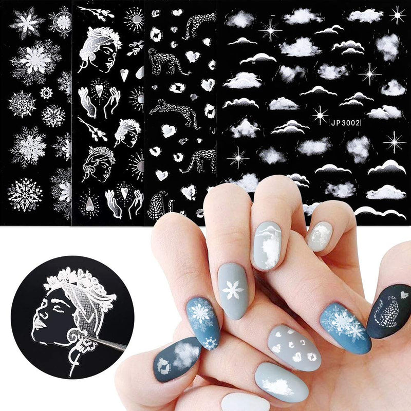 DouborQ 5D Clouds and snowflakes Nail Stickers - Stereoscopic Embossed Pattern 3D Self-Adhesive Snow leopard Winter Design Nail Decals (4 Sheets/Set) 4 Sheets /Set - BeesActive Australia