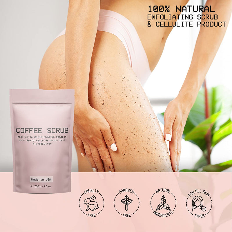 Life's Butter Exfoliating Natural Arabica Coffee Scrub effective against Cellulite, Stretch Marks, Scars, and Acne. Best skin exfoliation product with Organic Shea Butter and Organic Sweet Almond Oil - BeesActive Australia