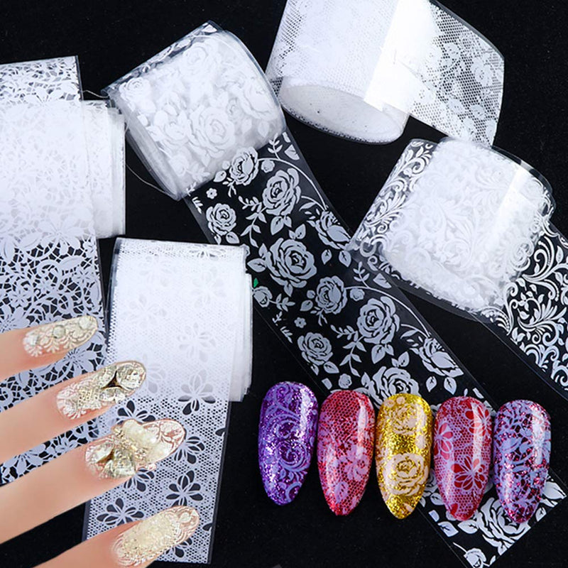 Retro Holographic Nail Foil Transfer Stickers 10Rolls Black and White Lace Laser Foils Nail Art Supplies Starry Paper Designs for Acrylic Decorations Women DIY Nail Arts Manicure Wraps Charms - BeesActive Australia