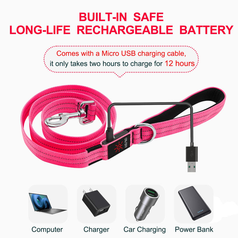 Blinlit Led Dog Leash, 4 Ft Light Up Dog Leash Rechargeable Waterproof, Nylon Reflective Leashes with Padded Handle for Night Walking, Safety Glow in The Dark Dog Leash for Large Medium Small Pets Pink - BeesActive Australia