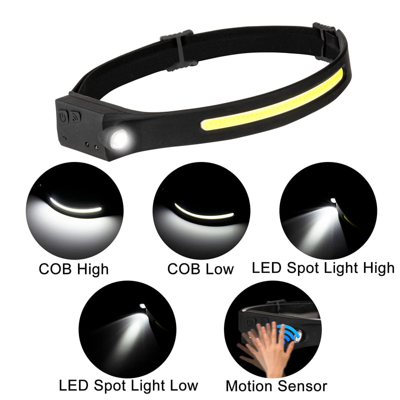 Headlamp Flashlight, 2Pack Rechargeable LED Headlamps 1200Lumens 2 COB 230°Wide Beam Headlight with Motion Sensor Bright 5 Modes Lightweight Waterproof Head Lamp for Outdoor Running, Camping Hiking Black+black - BeesActive Australia