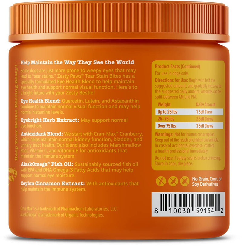 Zesty Paws Tear Stain Support Soft Chews for Dogs - for Eye Moisture + Vision & Immune Support - Functional Supplements with Fish Oil, Lutein, Cranberry & Vitamin C - Chicken Flavor 90 Count - BeesActive Australia