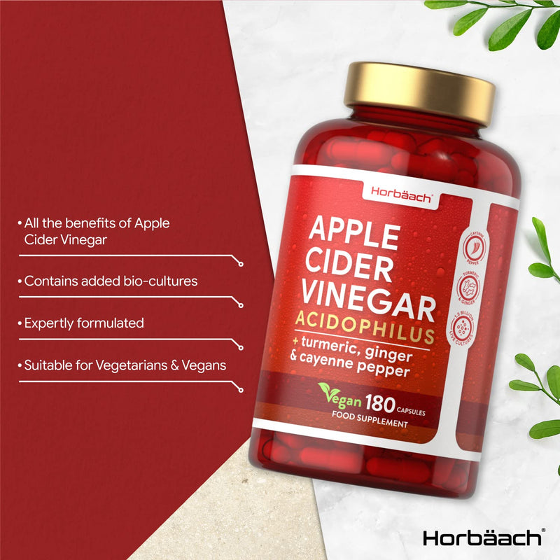 Apple Cider Vinegar Capsules | 1000mg | 180 Count | High Strength Complex with Probiotics | Vegan Supplement | by Horbaach - BeesActive Australia