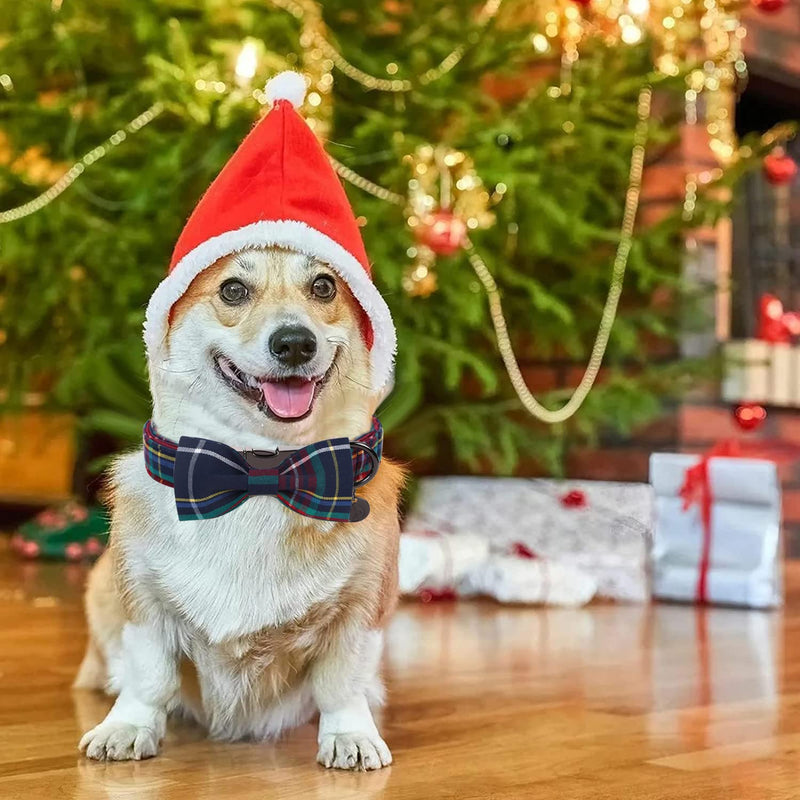 DOGWONG Cotton Dog Collar with Bow tie, Christmas Red Plaid Dog Collar Pink Santa Claus Soft Durable Adjustable Cotton Puppy Pet Collar for Small Medium Large Dog L（Pack of 1） A: red blue plaid - BeesActive Australia
