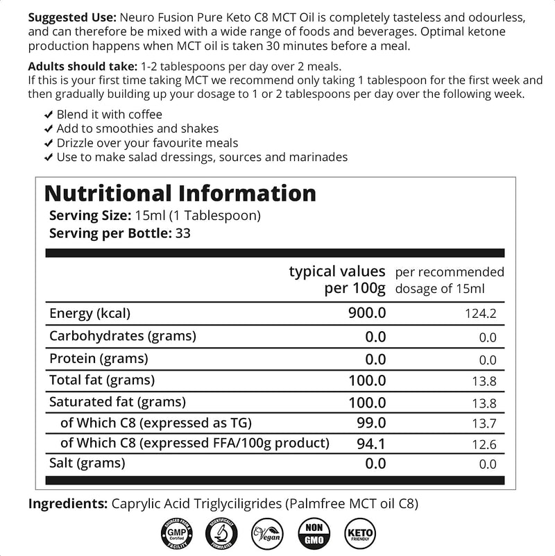 Keto C8 MCT Oil - Pure C8 Caprylic Acid not C10 - Make MCT Oil Ketogenic Bulletproof Coffee - Energy Boosting Ketones - Low Carb Keto Food - MCT Oil, Vegan - 500ml by Wellology - BeesActive Australia