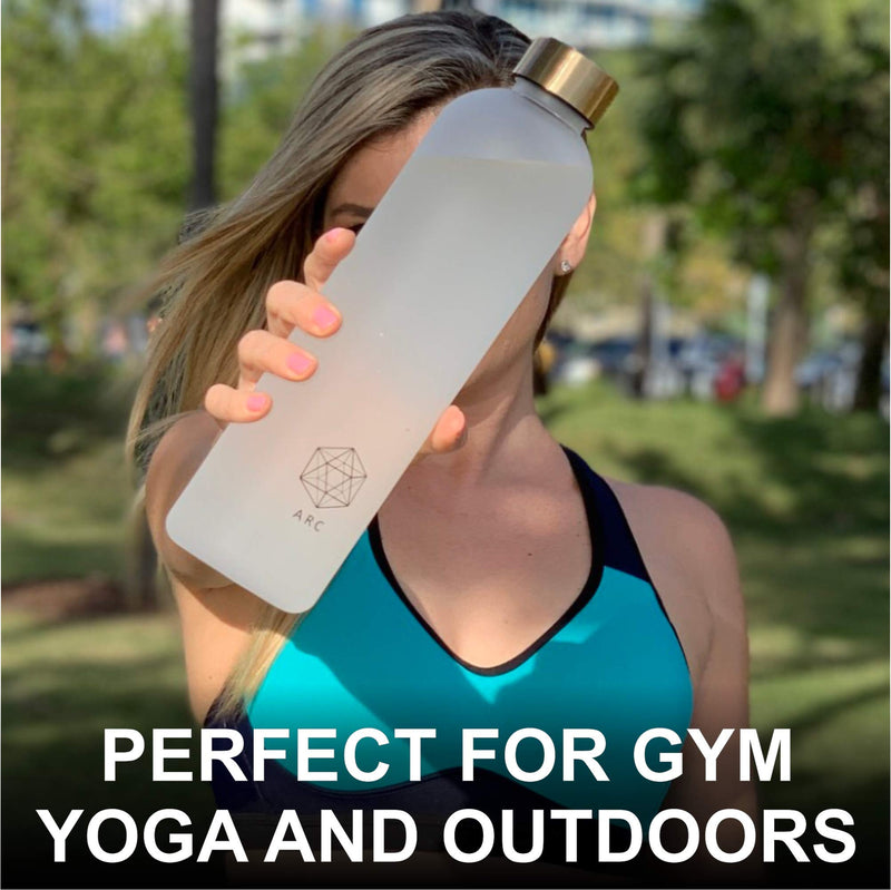 Water Bottle With Time Marker - 1 bottle only- 32 OZ, 1 Liter, BPA Free Frosted Plastic - Motivational Reusable Water Bottle With Times To Drink - For Fitness, Sports, Gym, Travel And Outdoors - Leakproof, Durable white, gold - BeesActive Australia