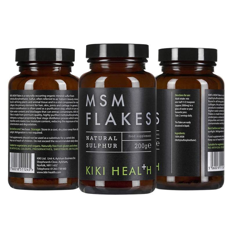 KIKI Health Natural MSM Flakes Minerals Supplements - Pure Natural Sulphur for Joints, Skin, Hair & Nails - Gluten-Free & Allergen-Free MSM Supplements - No Additives Easy Formulation 200g 200 g (Pack of 1) - BeesActive Australia
