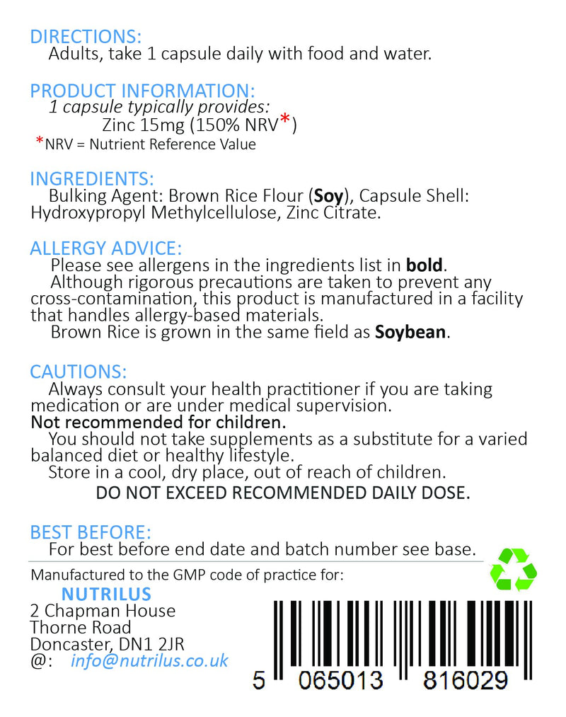 Zinc Citrate 120 Capsules 15mg - Bioavailable Form - Daily Capsules - not Tablets - Immune, Bone, Vision, Hair, Nails, Skin, Fertility - BeesActive Australia