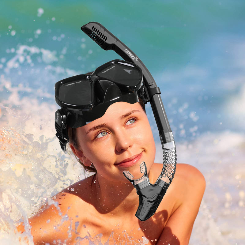 COPOZZ Snorkel Set for Adults and Kids, Snorkel Mask Anti-Fog No Leaking 180° HD View with Nose Cover Dry Top Scuba Diving Snorkeling Gear Full Face Swimming Goggles Black - BeesActive Australia