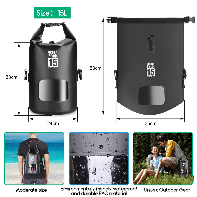 [AUSTRALIA] - Dry Bag, FITNATE15L Dry Bag Backpack100% Waterproof, Roll Top Floating Dry Sack Lightweight & Durable for Kayaking, Rafting, Boating, Camping, Hiking, Fishing & Beach Black 
