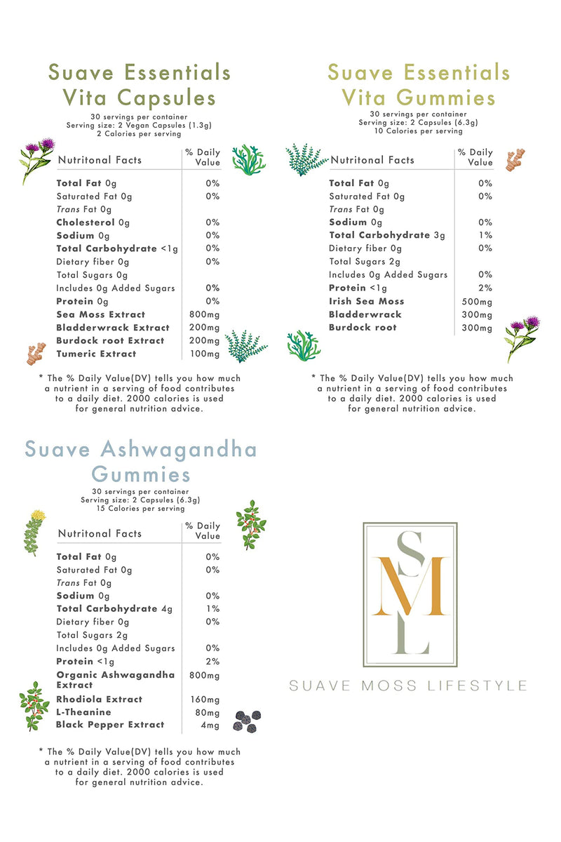 Suave Moss Lifestyle | Natural Sea Moss, Turmeric, Bladderwrack & Burdock Root Capsules | 60 Capsules | Gluten Free, Vegan, Non GMO Sea Moss Capsules - BeesActive Australia