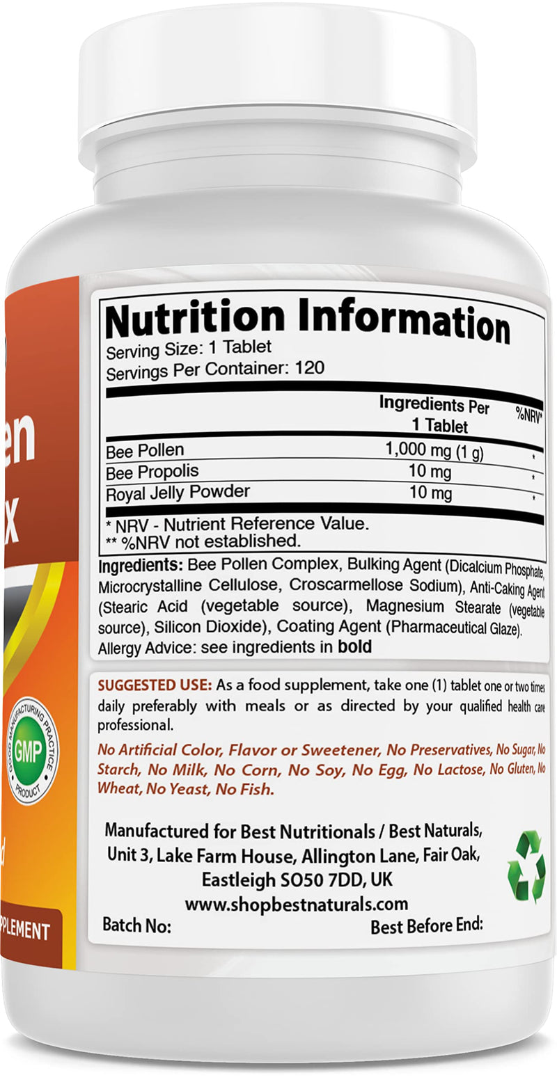 Best Naturals Bee Pollen Complex 1000 Mg 120 Tablets (120 Count (Pack of 2)) 120 Count (Pack of 2) - BeesActive Australia