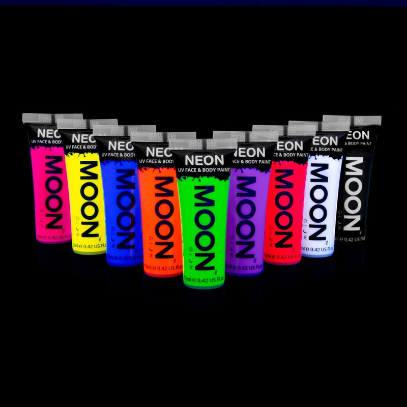 Moon Glow - Intense Neon UV Face & Body Paint - 12ml Set of 9 - includes UV Keyring - BeesActive Australia