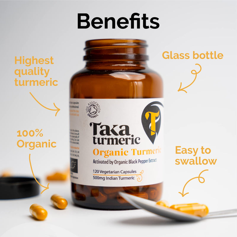 Taka Turmeric, 120 Caps Organic Turmeric with Black Pepper Extract Tumeric Curcumin Supplement, High Strength Tumeric Capsules with Curcumin and Black Pepper, Vegan, Recyclable Packaging 1 Bottle (120 Capsules) - BeesActive Australia