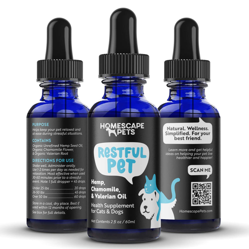 Hempseed, Chamomile & Valerian Oil for Cats & Dogs - RESTFUL PET - for Relaxation - Anxiety, Stress, Fireworks, Thunder, Separation - Natural Organic Calming Drops - All Breeds (2 fl oz) - BeesActive Australia