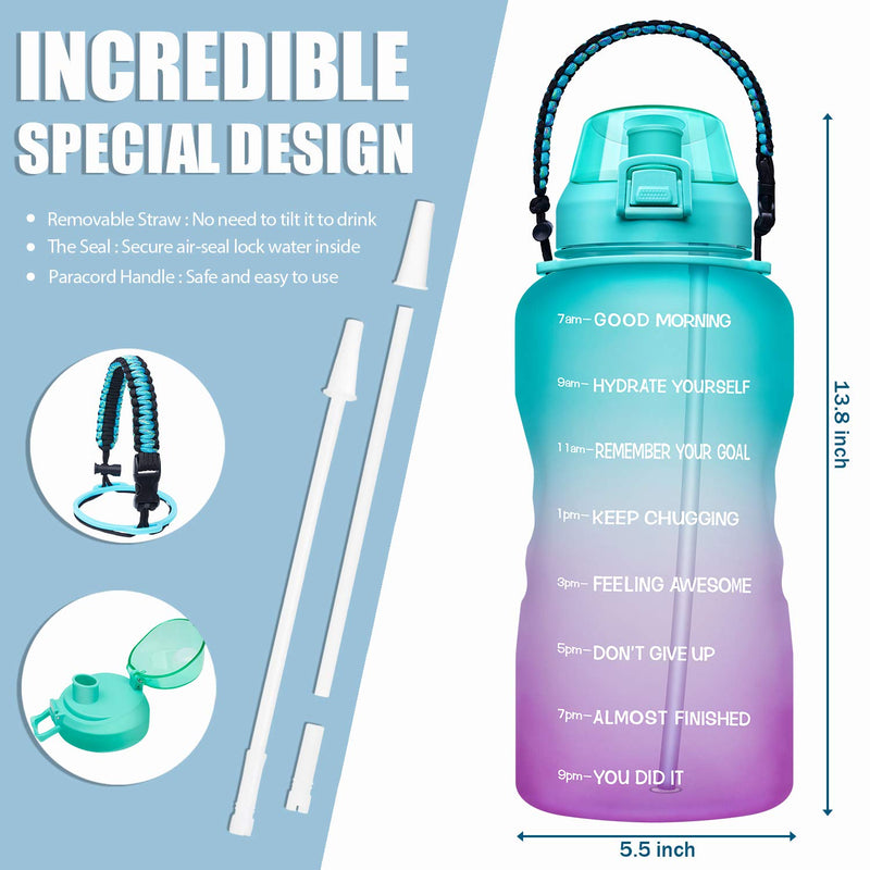 Giotto Large 1 Gallon Motivational Water Bottle with Paracord Handle & Removable Straw - Leakproof Tritan BPA Free Fitness Sports Water Jug with Time Marker to Ensure You Drink Enough Water Daily A1-Green/Purple Gradient - BeesActive Australia