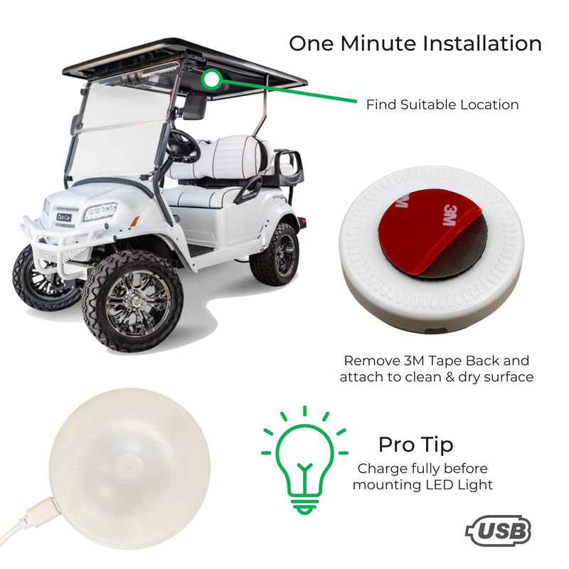 2-Pk Universal Golf Cart Roof Stick On Anywhere One Touch LED Light fits Club Cart, Onward, Precedent, EZGO, Yamaha, and Garia carts, USB Rechargeable Puck designed for golf cart use, Great Golf Gifts - BeesActive Australia