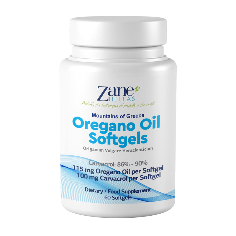 Zane Hellas Oregano Oil Softgels. Extra Strength. Every Softgel Contains 20% Greek Essential Oil of Oregano. 100 mg Carvacrol per Softgel.60 Softgels. - BeesActive Australia