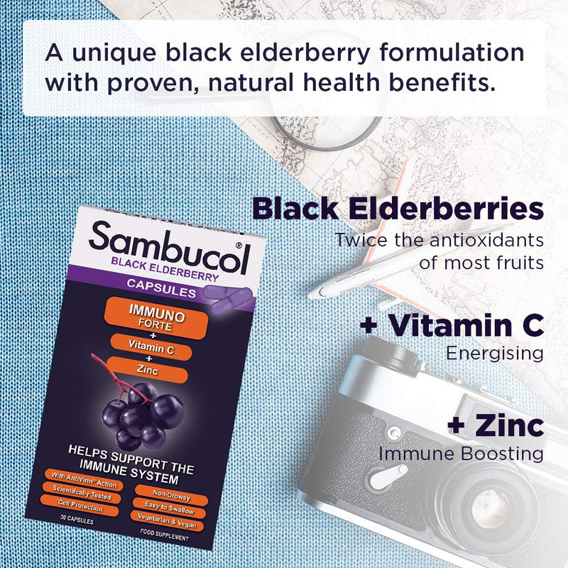 Sambucol Natural Black Elderberry Immuno Forte Capsules | Vitamin C | Zinc | Immune Support Supplement | 30 Capsules - BeesActive Australia