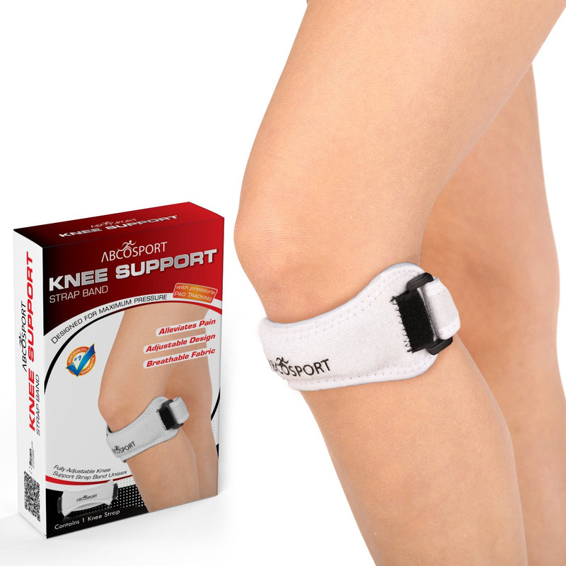 Abco Tech Patella Knee Strap - Knee Pain Relief - Tendon and Knee Support for Running, Hiking, Soccer, Basketball, Volleyball and Exercise - Runners Knee Stabilizer - Adjustable Band White - BeesActive Australia