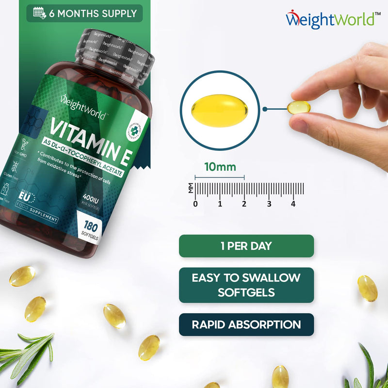 Vitamin E Capsules Softgels 400IU (Advised Intake) - 180 Vit E Softgels (6 Month Supply) - High Strength Vitamin E Oil Capsule - Hair Nail Skin Supplement - Natural Alpha Tocopheryl (Not Vit E Tablet) - BeesActive Australia