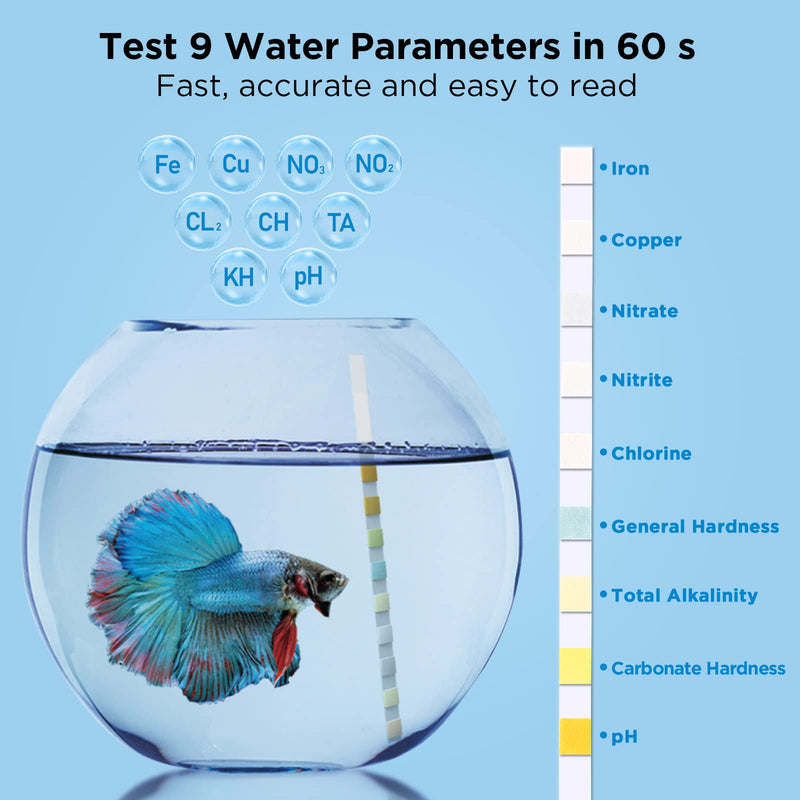 9 in 1 Aquarium Test Strips - 100 Strips Aquarium Water Test Kits for Freshwater Saltwater - Testing for Iron, Copper, Nitrite, Nitrate, pH, GH & KH, Chlorine, Total Alkalinity - BeesActive Australia