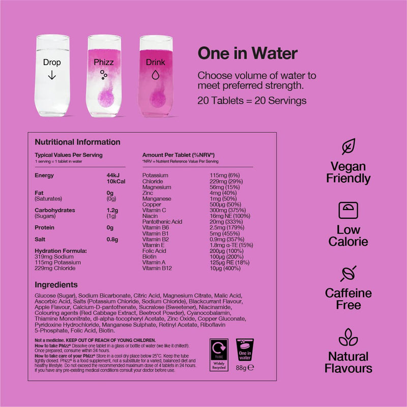 Phizz Electrolytes, Multivitamin & Hydration Tablets - 20 Effervescent Rehydration Tablets - 18 Vitamins & Minerals, Vitamin C, Vegan, Vegetarian & Low Calorie Apple & Blackcurrant 20 Count (Pack of 1) - BeesActive Australia
