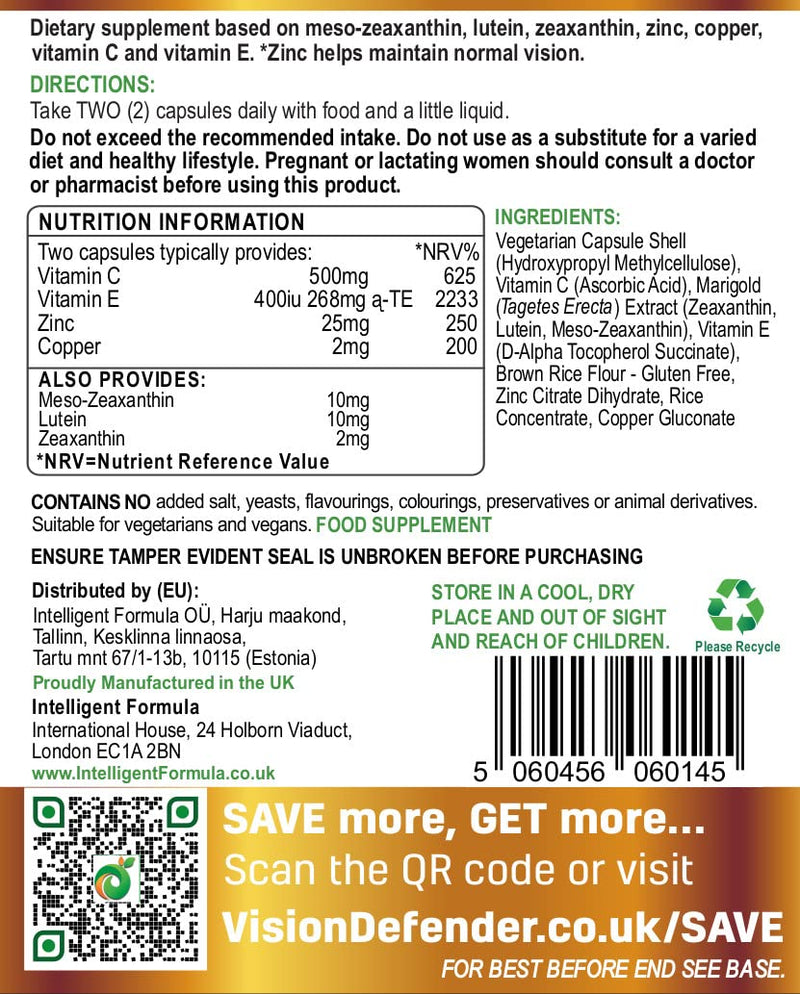 Vision Defender Plus Eye Supplement: AREDS2 Formula Vitamins, Minerals (Lutein, Zinc) Enhanced with Meso-Zeaxanthin for Complete Eyes/Eyesight Health Care & Support. 60 Easy-to-Swallow Vegan Capsules - BeesActive Australia