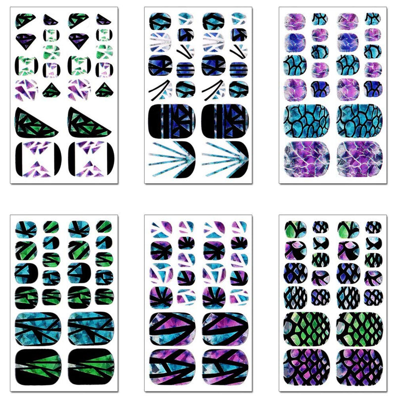 WOKOTO 6 Sheets Laser Full Nail Toenail Art Self-Adhesive Stickers With 1Pcs Nail File Nail Wraps Decals Mermaid Geometric Splicing Classic Pattern Holographic Manicure Sticker Kit - BeesActive Australia