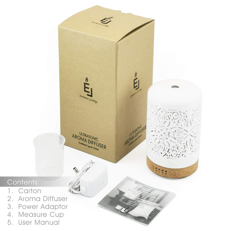 Earnest Living Essential Oil Diffuser for Home White Ceramic Aromatherapy Diffuser 100ml Timers Night Lights and Auto Off Function Essential Oils for Humidifier Electric Aroma Diffuser Office Ceramic Classic - BeesActive Australia